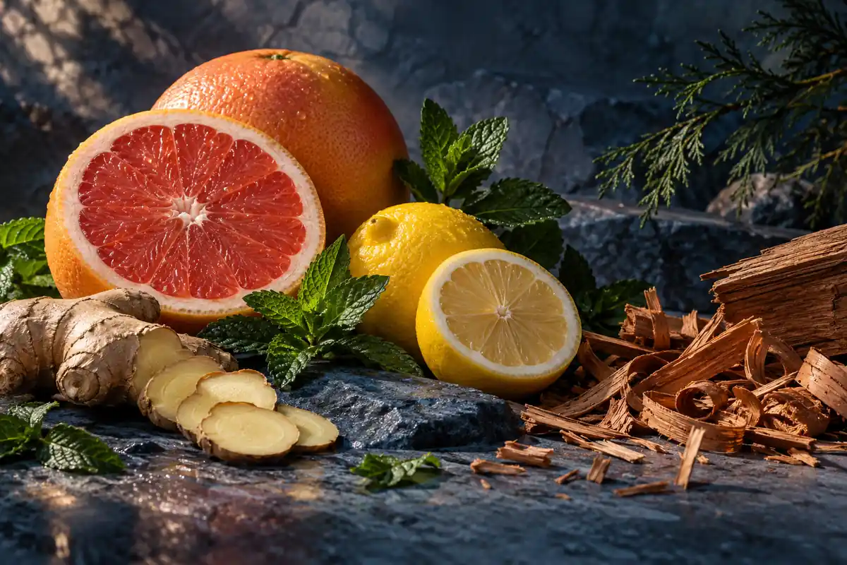 Pomelo, limón, menta, jengibre y virutas de madera sobre piedra azul