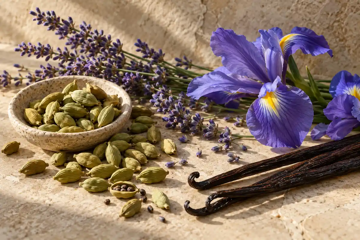Cardamomo, lavanda, iris y vainilla sobre piedra clara