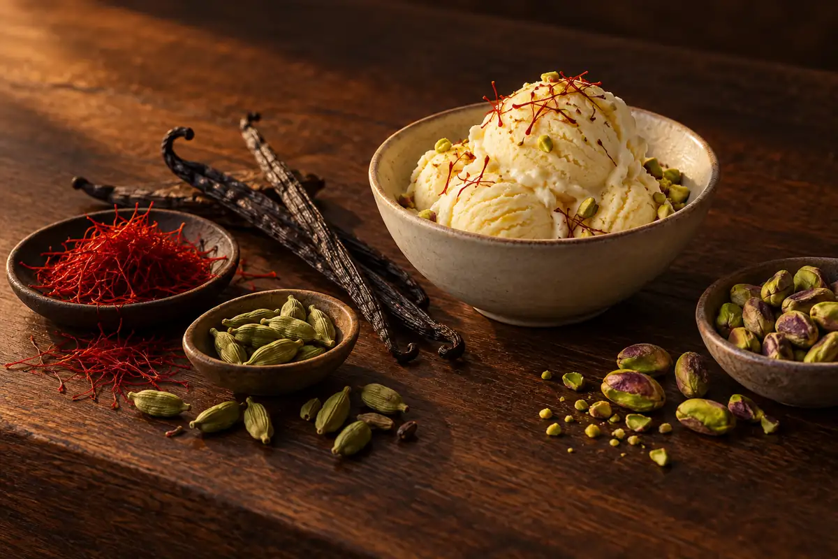 Postre helado, azafrán, cardamomo, vainilla y pistachos sobre madera