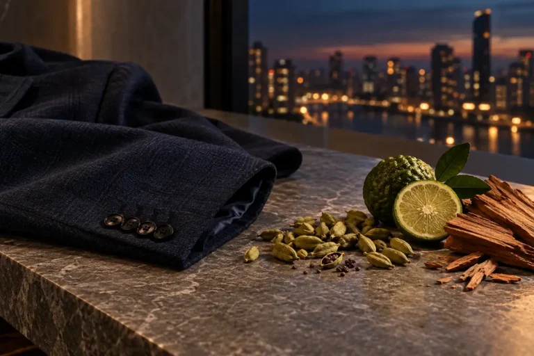 Perfumes de hombre para salir de noche: cómo elegir según el plan 1 Chaqueta azul, cítrico, cardamomo y madera junto a una ventana al anochecer