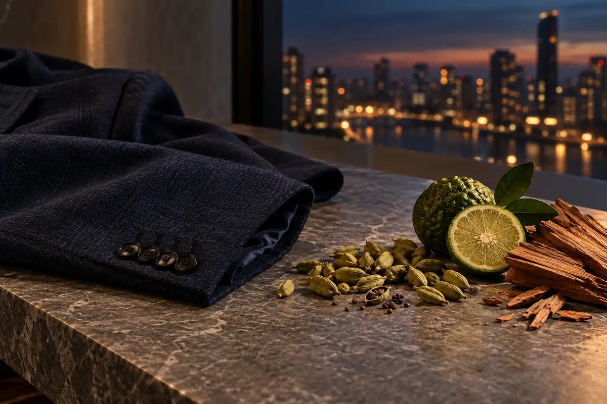 Chaqueta azul, cítrico, cardamomo y madera junto a una ventana al anochecer