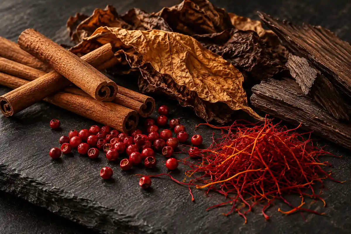 Perfumes de invierno para hombre: especias, cuero y maderas para elegir 2 Canela, pimienta rosa, azafrán, hojas de tabaco y madera sobre pizarra