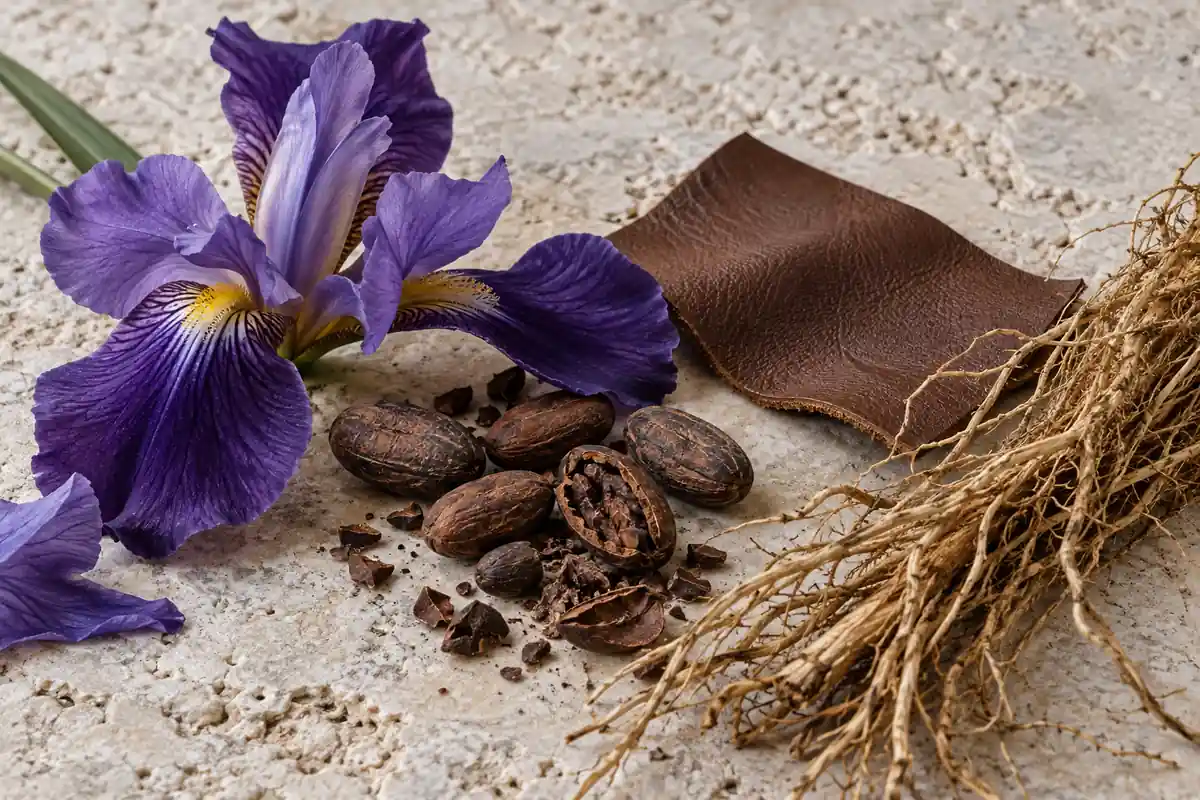 Perfumes de invierno para hombre: especias, cuero y maderas para elegir 3 Flor de iris, cacao, cuero y raíces de vetiver sobre piedra clara