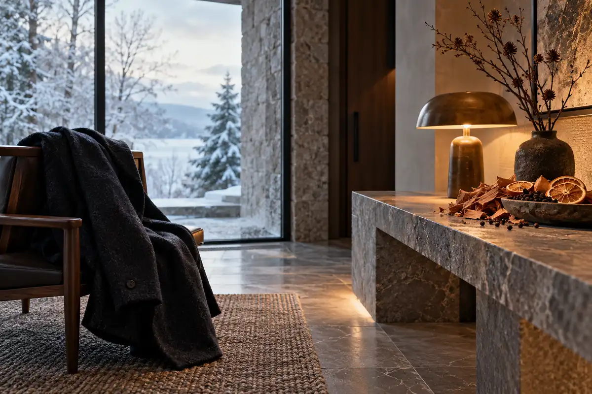 Perfumes de invierno para hombre: especias, cuero y maderas para elegir 1 Abrigo de lana, cítricos, madera y pimienta en una entrada junto a una ventana invernal