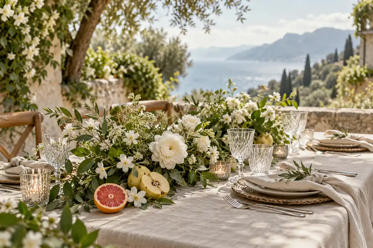 Mesa de boda al aire libre con flores blancas, pomelo y membrillo
