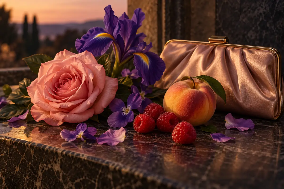 Rosa, iris, frambuesas y durazno junto a un bolso de noche
