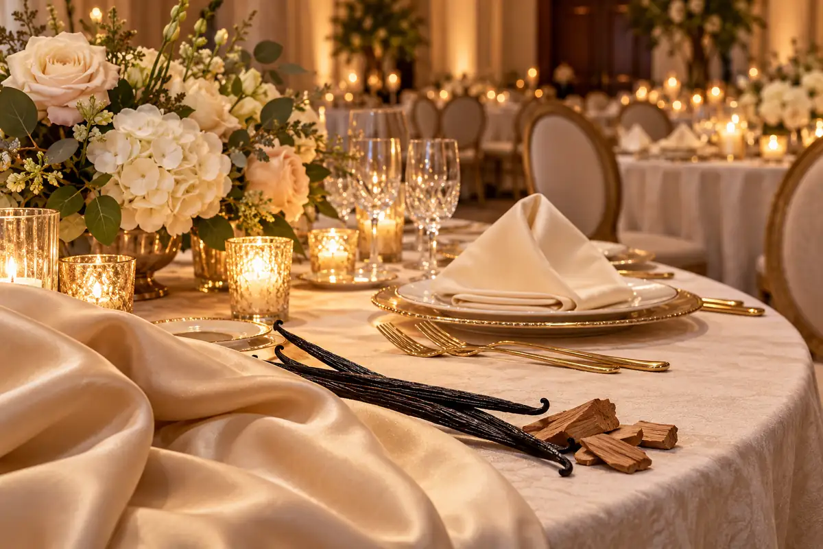 Banquete con flores y luz cálida, seda, vainilla y madera en primer plano