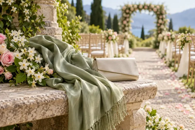 Perfumes para invitadas de boda: cómo elegir para día o noche 4 Chal verde, bolso de satén y flores en un jardín preparado para una boda