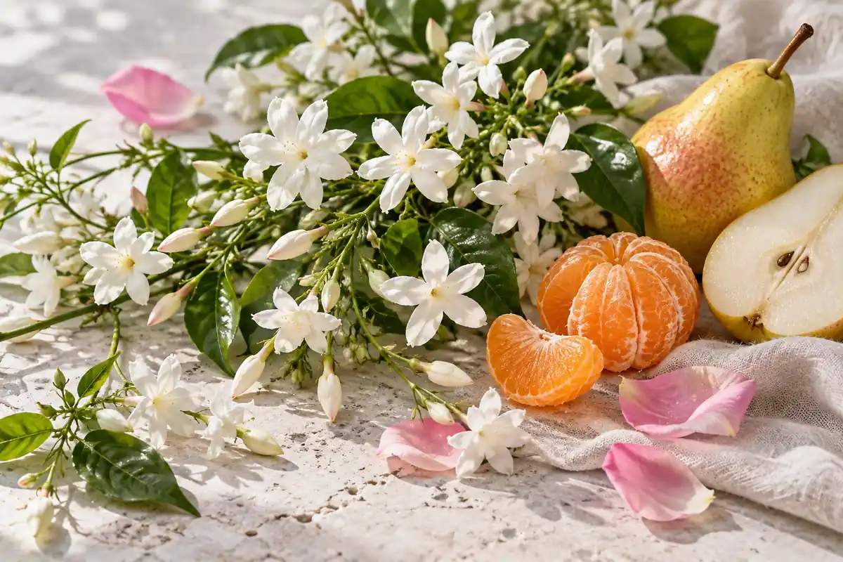 Perfumes de jazmín: cómo elegir entre aromas ligeros e intensos 2 Flores de jazmín junto a pera, mandarina y pétalos de rosa