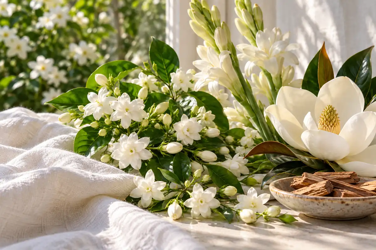 Perfumes de jazmín: cómo elegir entre aromas ligeros e intensos 3 Ramo de jazmín y otras flores blancas junto a lino y maderas
