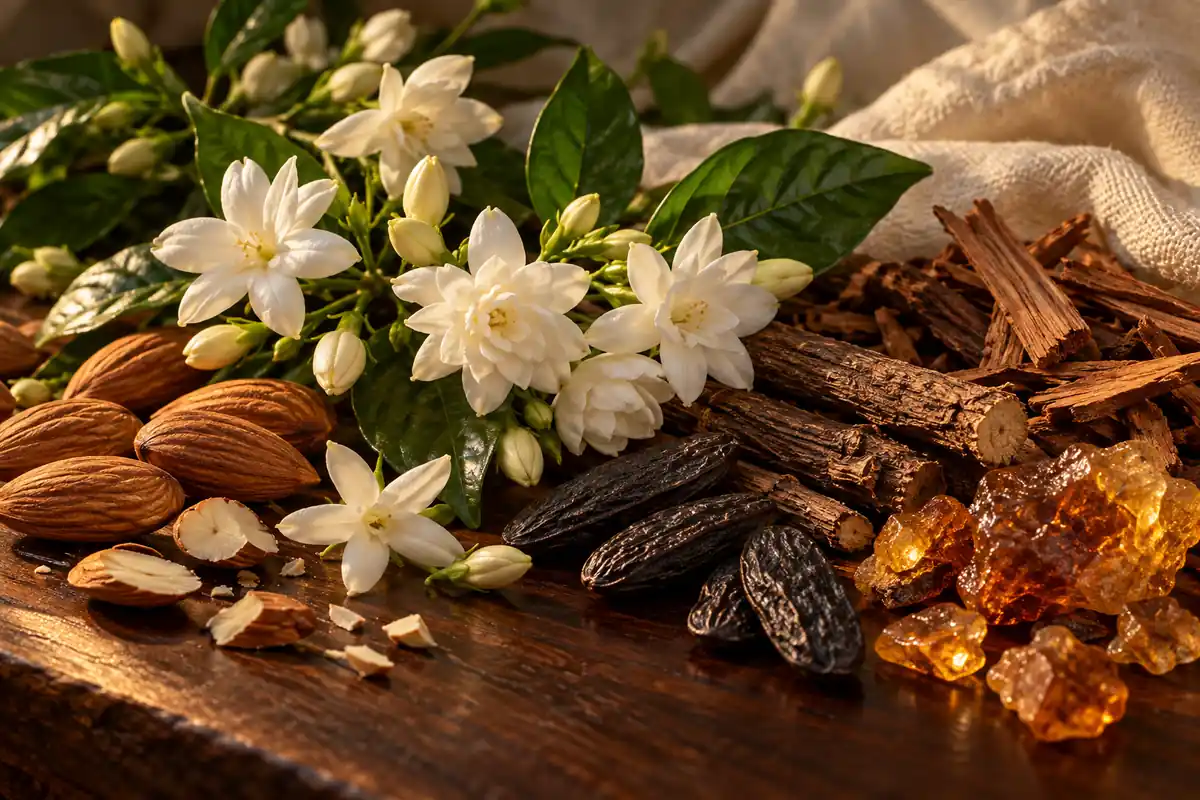 Perfumes de jazmín: cómo elegir entre aromas ligeros e intensos 4 Jazmín con almendras, regaliz, tonka y maderas sobre nogal