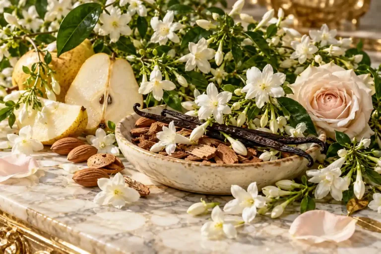 Flores de jazmín con pera, rosa, almendras, vainilla y maderas