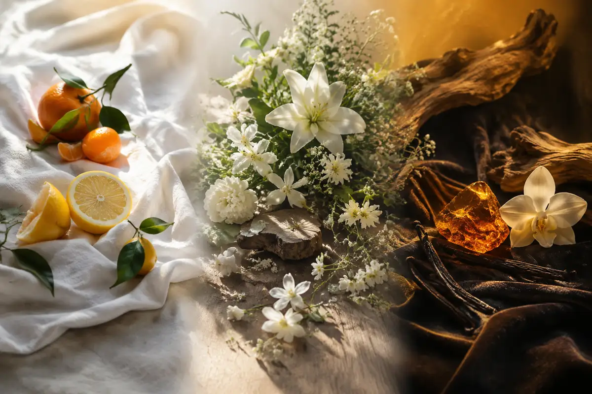Ingredientes olfativos para perfumes de mujer de día, tarde y noche