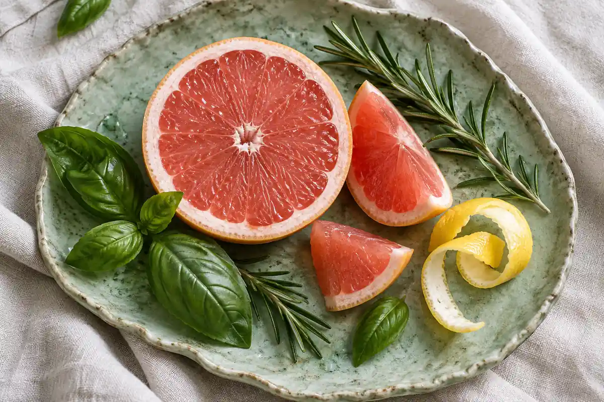Pomelo, piel de limón, albahaca y romero en un plato verde