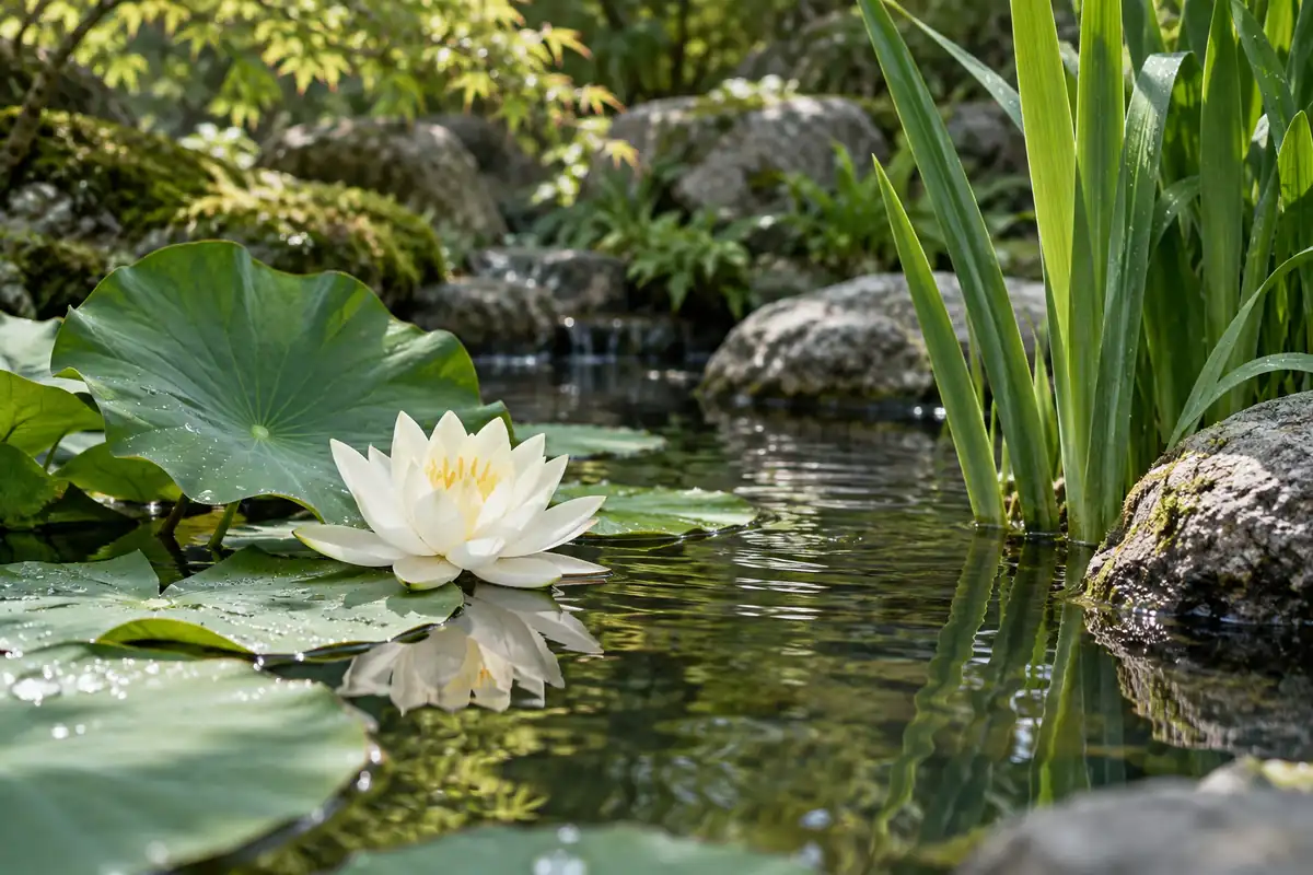 Flor blanca y hojas verdes sobre un estanque con reflejos