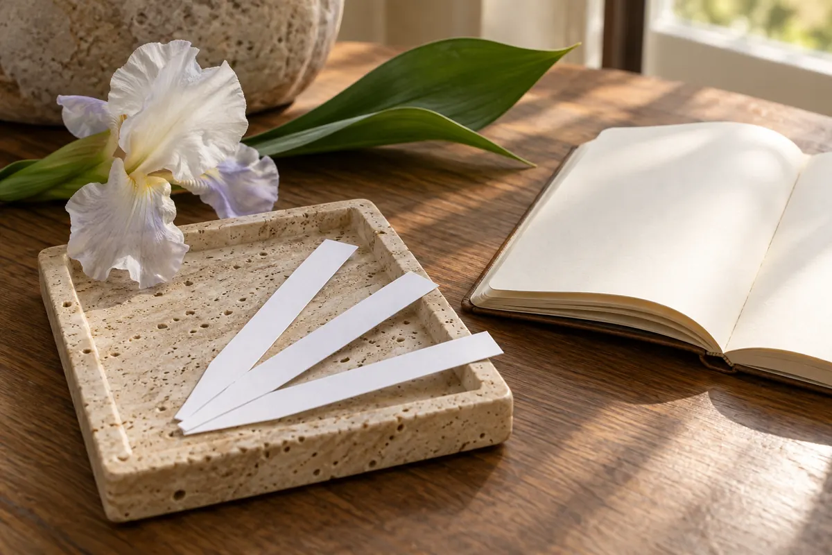 Tiras olfativas junto a un cuaderno en blanco y una flor de iris