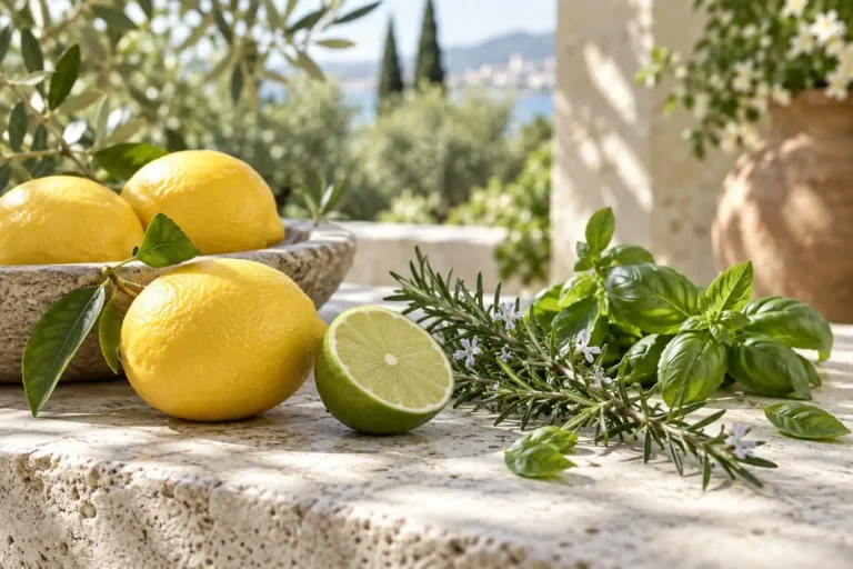 Perfumes frescos de mujer que no sean dulces: 5 opciones para elegir 11 Limones, lima, romero y albahaca sobre piedra clara junto a un jardín