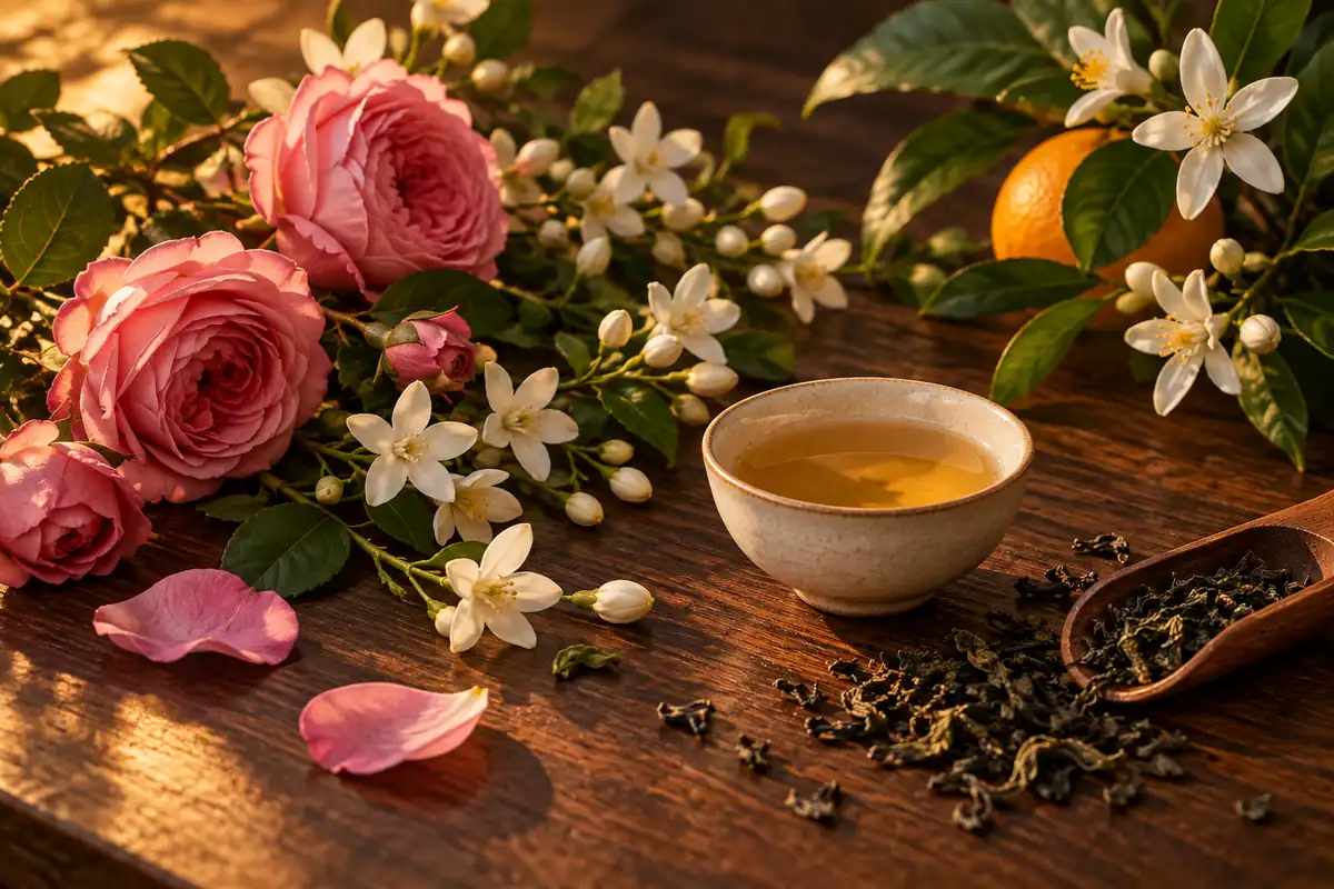 Rosas, jazmín, azahar y hojas de té sobre madera oscura