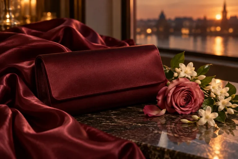 Perfumes de mujer para salir de noche: dulces, florales o especiados 2 Bolso de satén burdeos, seda, rosa y jazmín con luz de noche