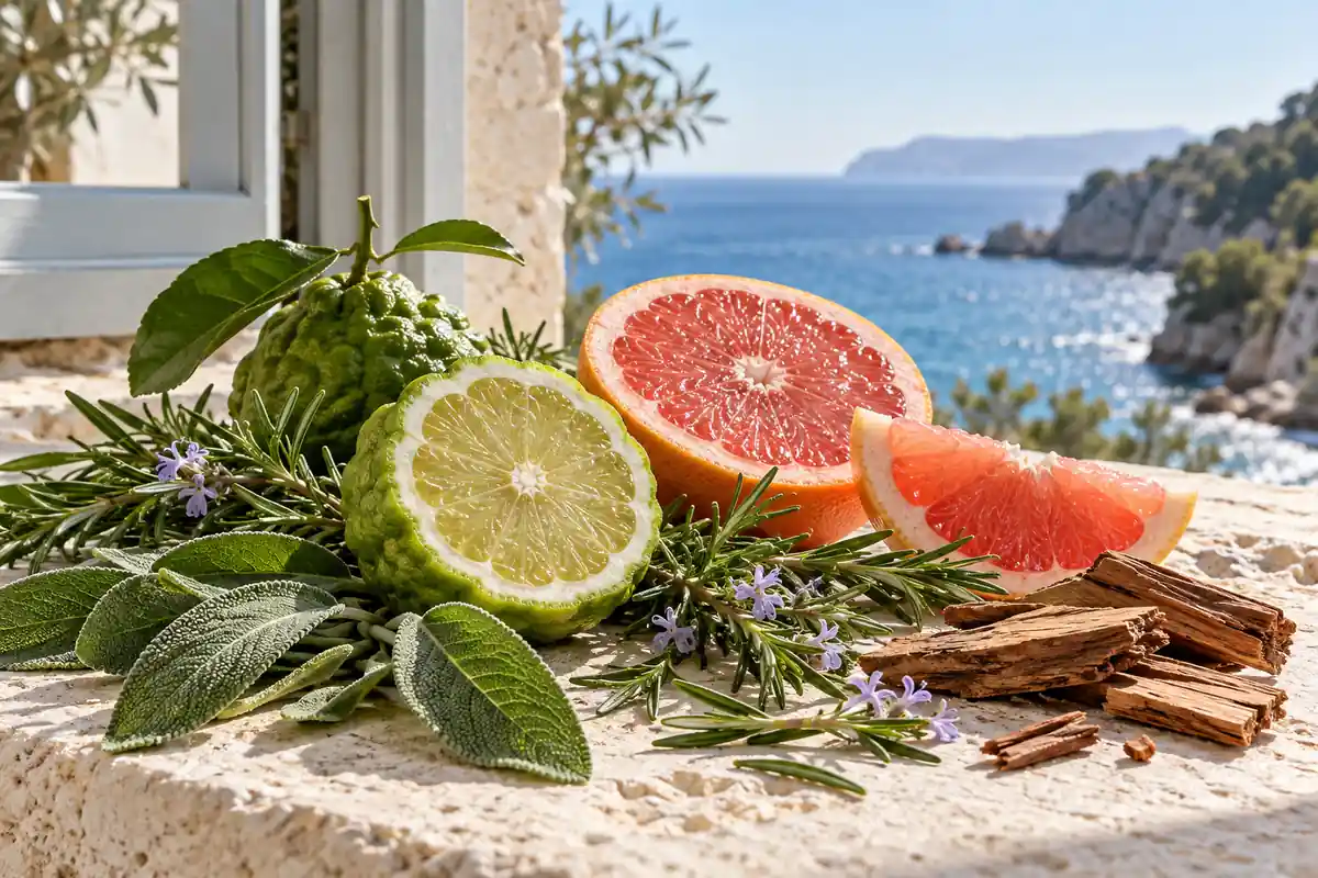 Bergamota, pomelo, romero, salvia y madera junto a una ventana con vistas al mar