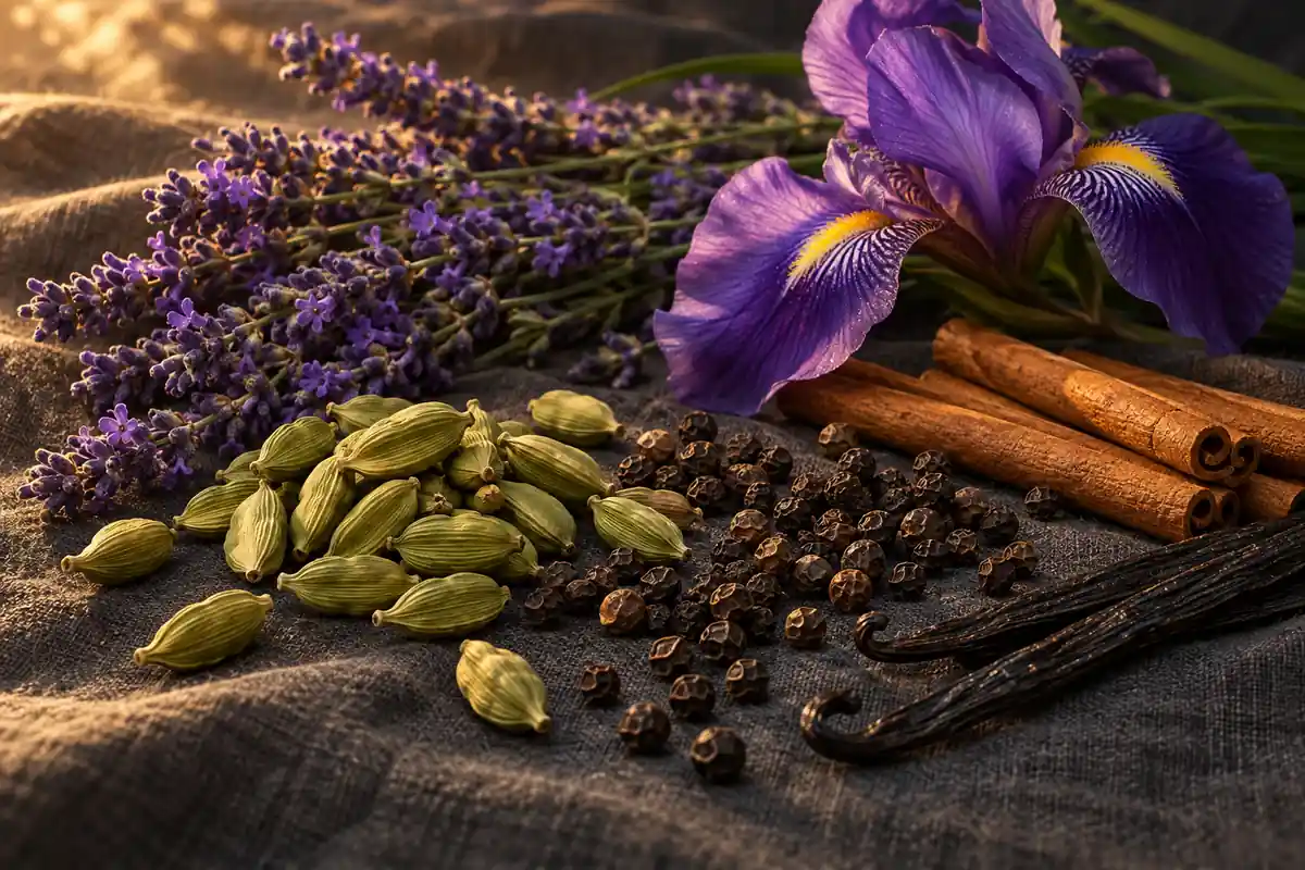 Cardamomo, lavanda, iris, pimienta, canela y vainilla sobre lino oscuro
