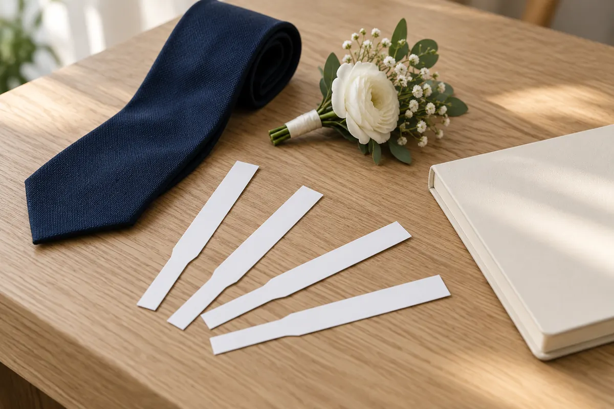 Tiras de prueba sin marcas, corbata azul y prendido junto a un cuaderno liso