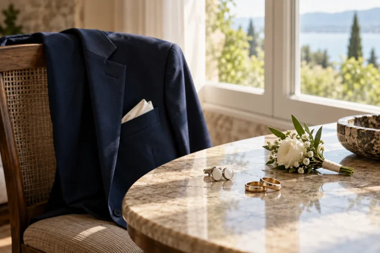 Perfumes para novios: cómo escoger el aroma de tu boda 3 Traje azul, pañuelo claro, gemelos, alianzas y prendido floral junto a una ventana