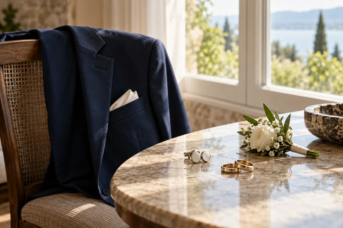 Traje azul, pañuelo claro, gemelos, alianzas y prendido floral junto a una ventana