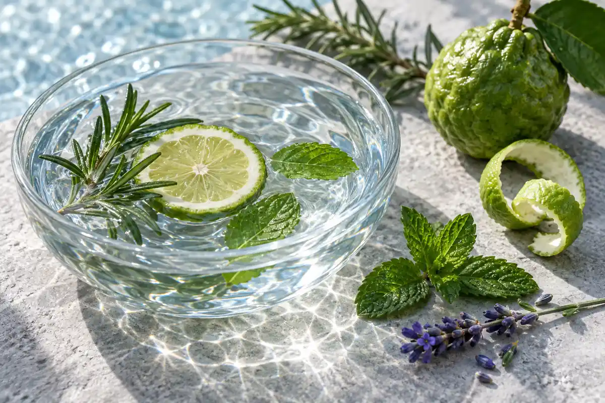 Agua con reflejos junto a bergamota, romero, menta y lavanda