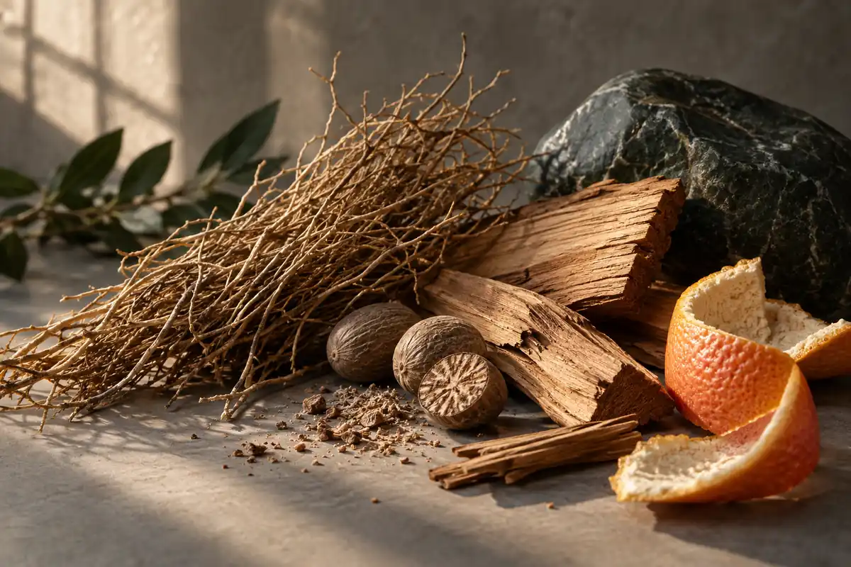 Raíces de vetiver, madera, nuez moscada y piel de pomelo sobre piedra