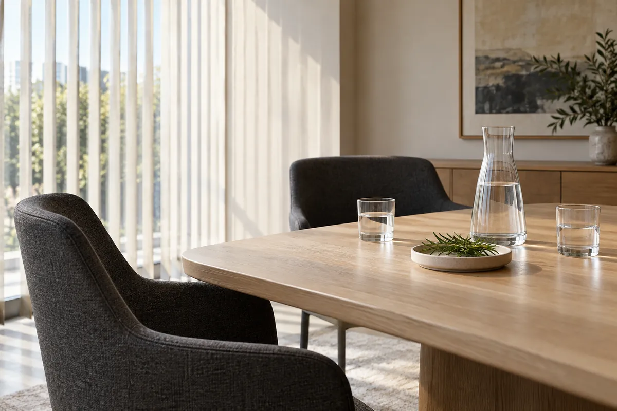 Sala de reuniones vacía con mesa de madera, vasos de agua y luz natural
