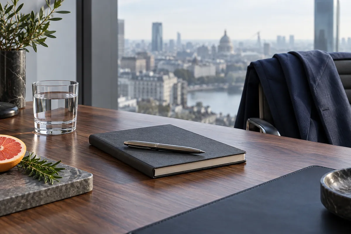 Mesa de oficina con cuaderno oscuro, chaqueta azul, pomelo y romero