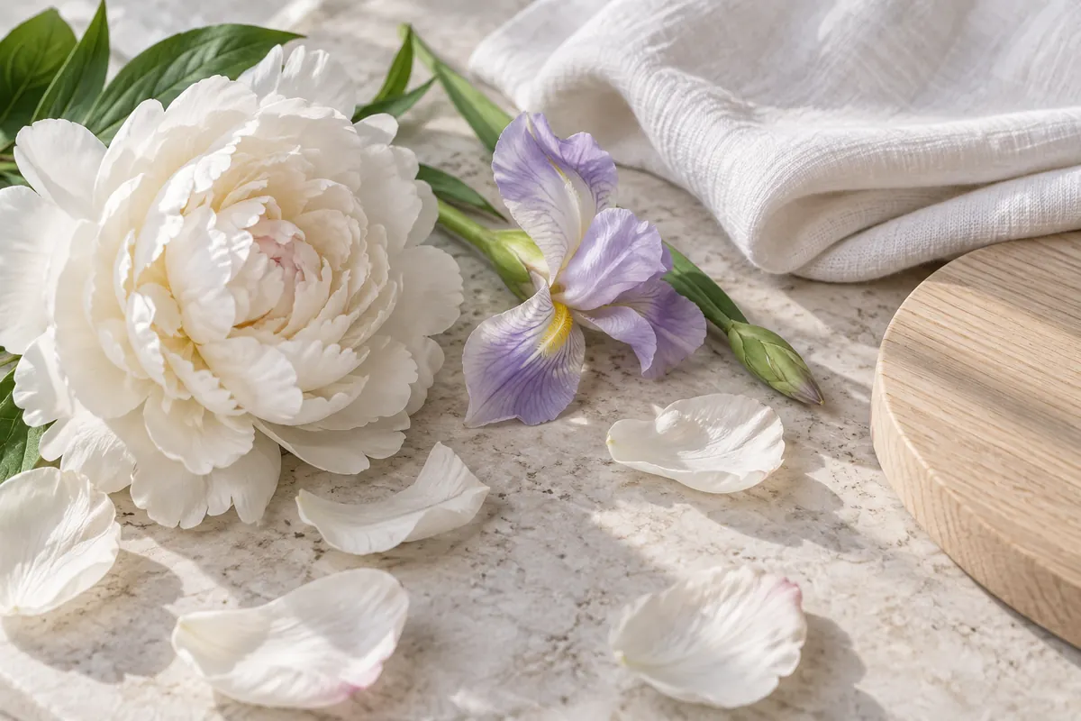 Peonía blanca, iris, algodón y madera clara sobre piedra