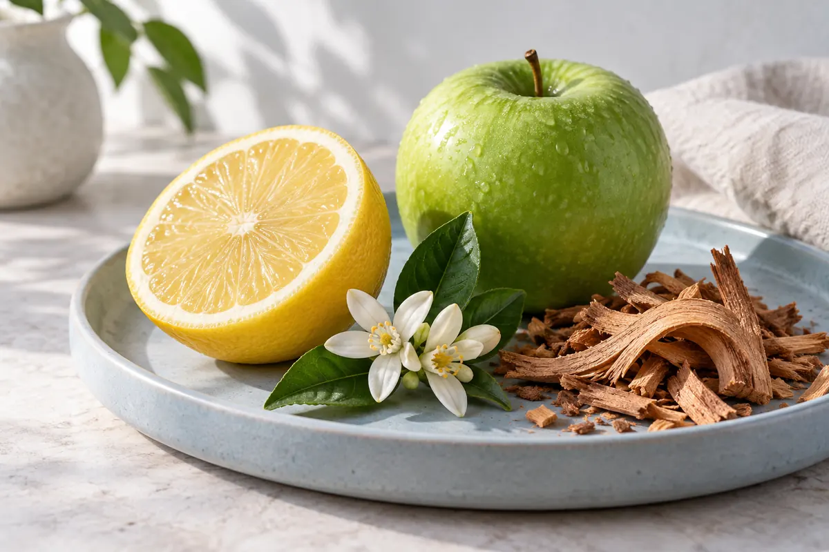 Limón, manzana verde, azahar y virutas de cedro sobre una bandeja azul