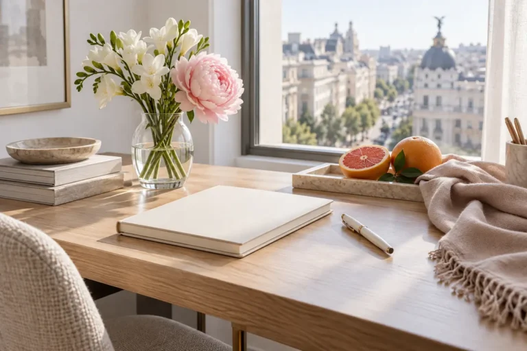Perfumes para la oficina de mujer: 6 opciones para trabajar 13 Escritorio luminoso con peonía, fresias, pomelo y cuaderno para una jornada de oficina