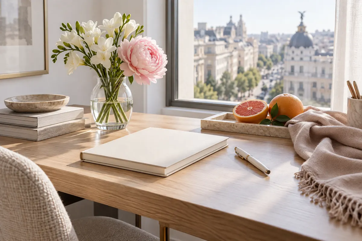 Escritorio luminoso con peonía, fresias, pomelo y cuaderno para una jornada de oficina