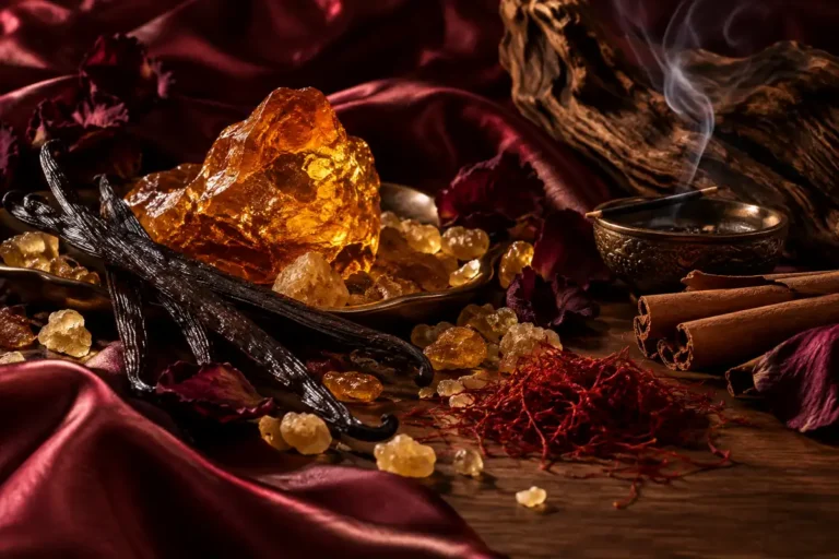 Los mejores perfumes orientales de mujer equivalentes (guía 2026) 33 Perfumes orientales de mujer equivalentes representados con ámbar vainilla resinas especias y pétalos