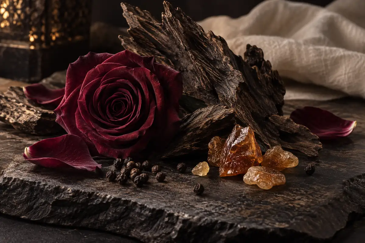 Perfumes árabes para otoño e invierno: mujer, hombre y unisex 4 Rosa granate, maderas oscuras, resinas y granos de pimienta sobre piedra