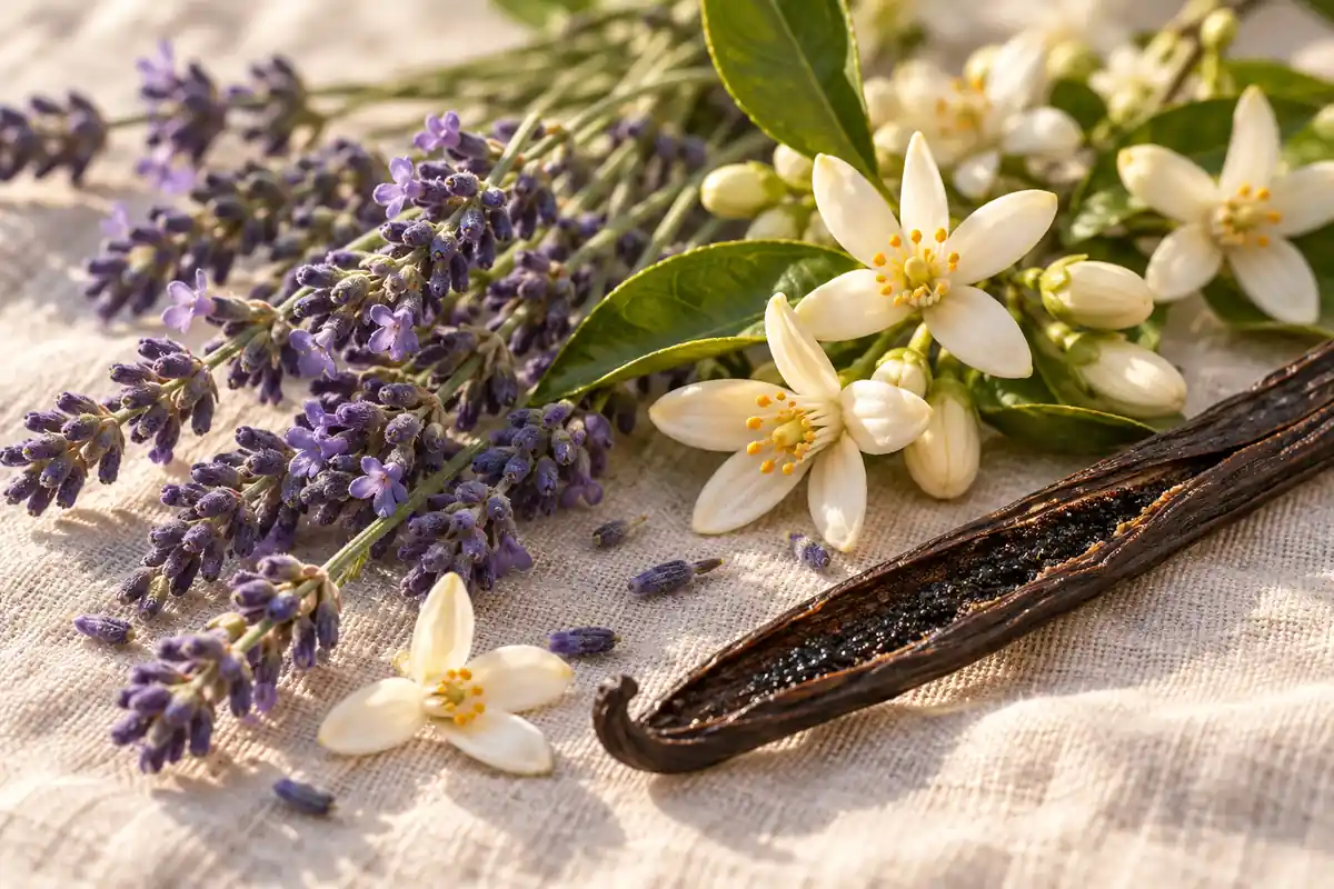 Lavanda, flores blancas y una vaina de vainilla sobre lino claro
