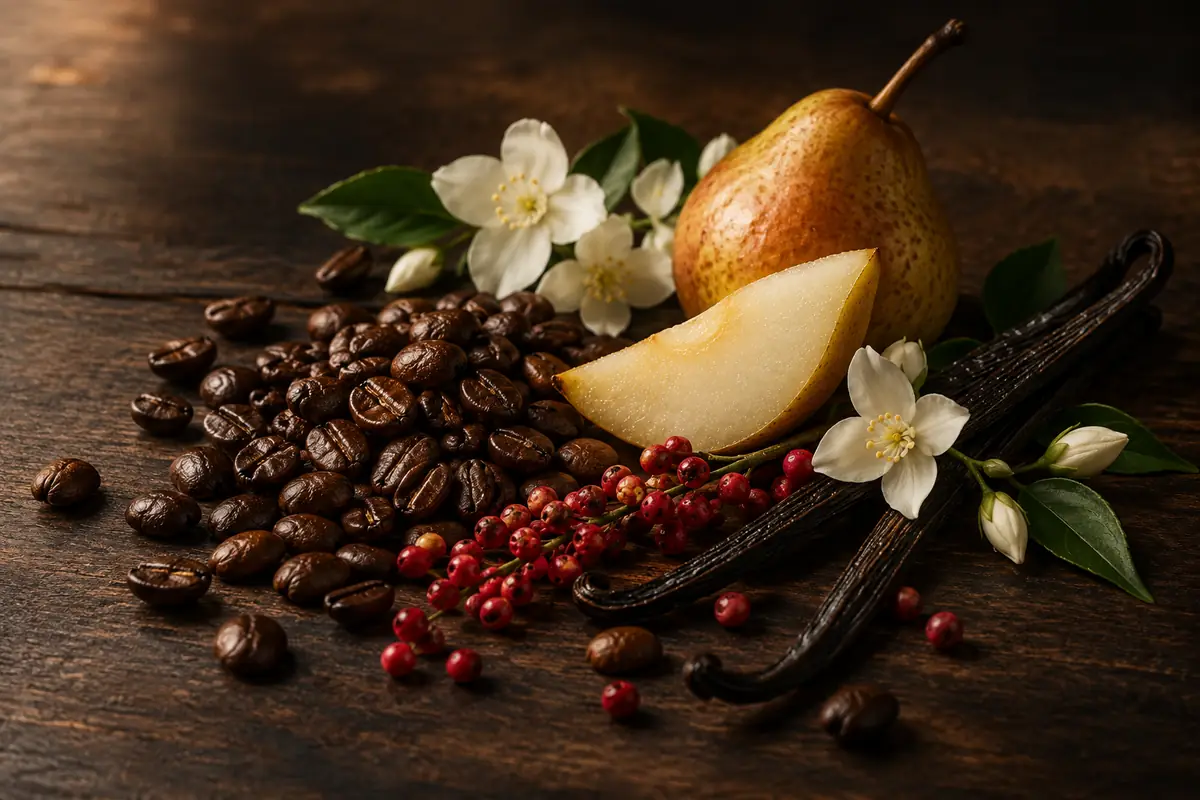 Granos de café, pera, jazmín y vainilla sobre madera oscura