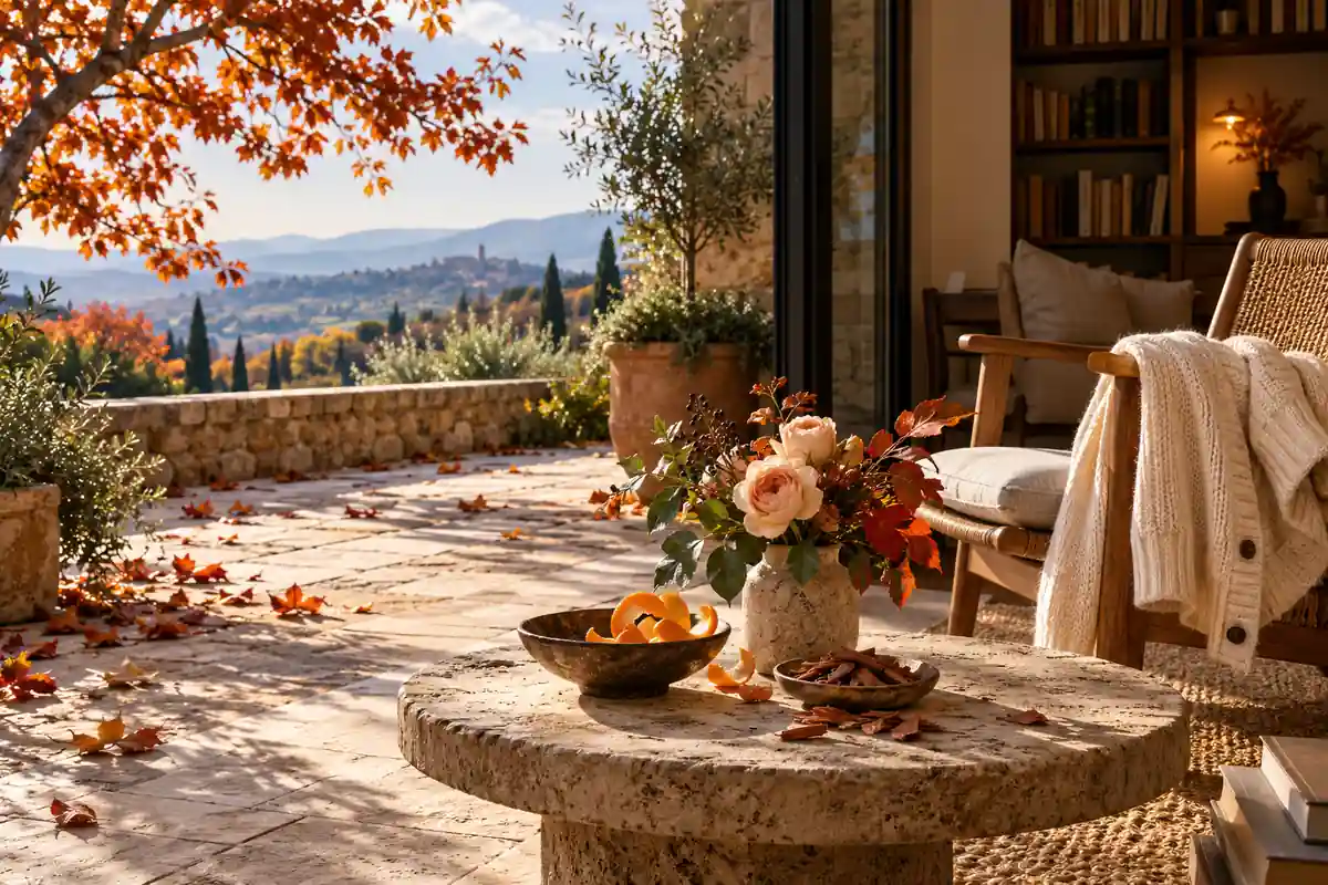 Terraza otoñal con un rincón interior, rosas, cítricos y madera