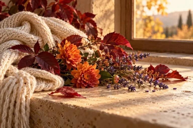 Perfumes de otoño para mujer: flores, vainilla y especias para elegir 6 Bufanda de punto, hojas otoñales, lavanda y flores anaranjadas junto a una ventana