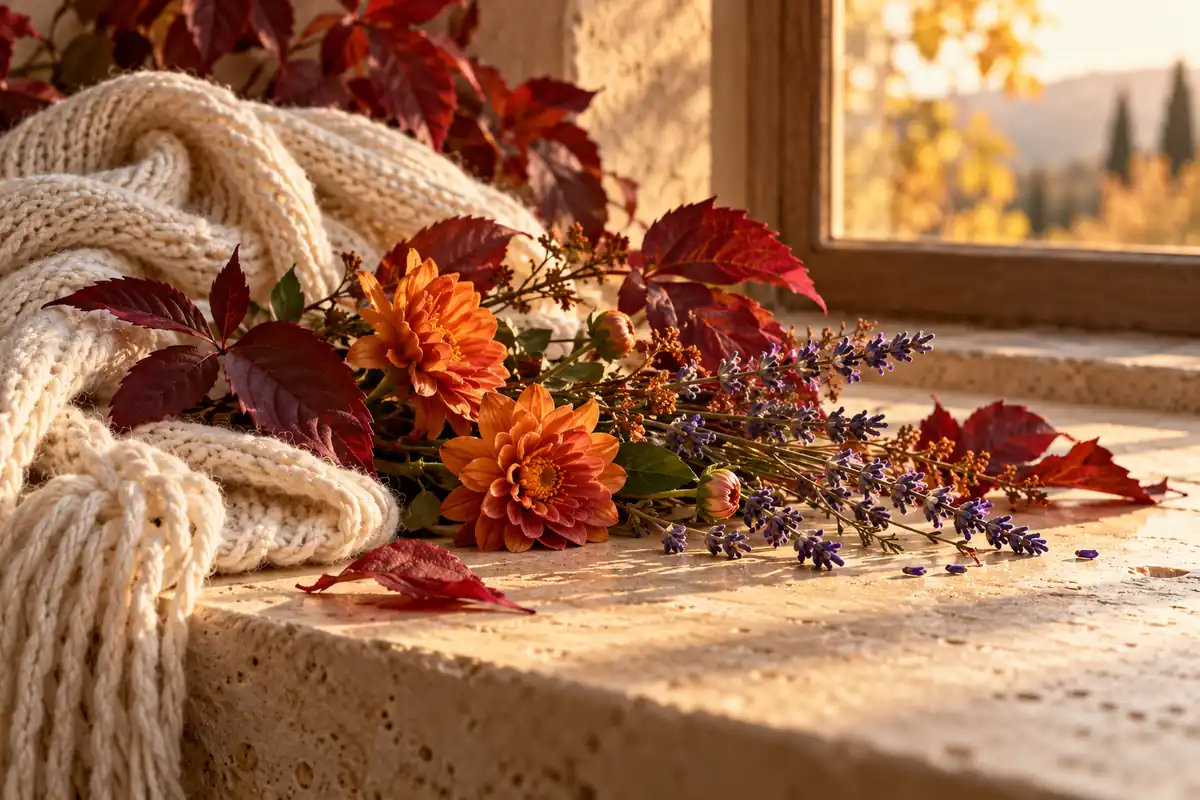 Bufanda de punto, hojas otoñales, lavanda y flores anaranjadas junto a una ventana