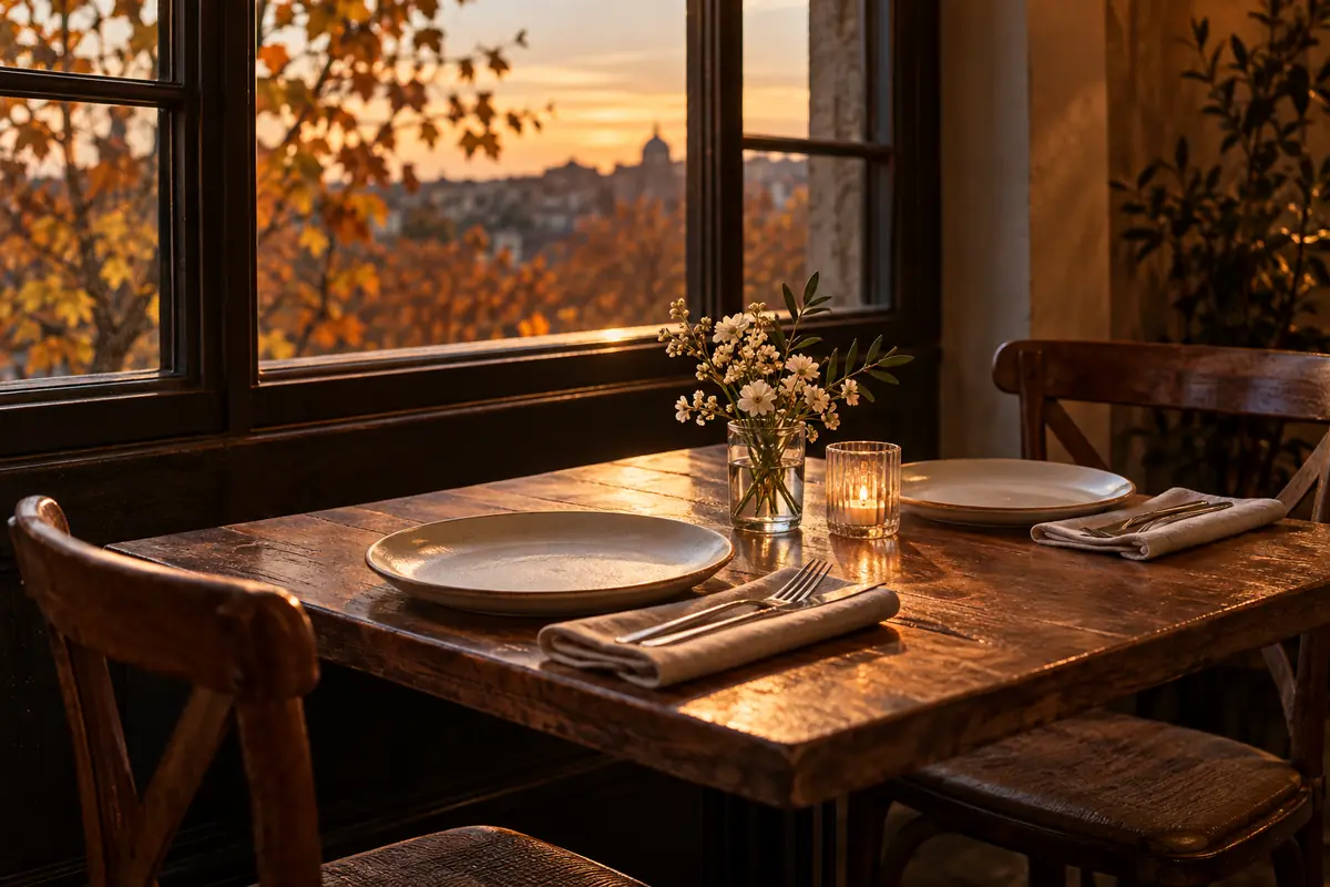 Perfumes para una primera cita: cómo elegir una fragancia cercana 4 Mesa de restaurante para dos junto a una ventana al atardecer