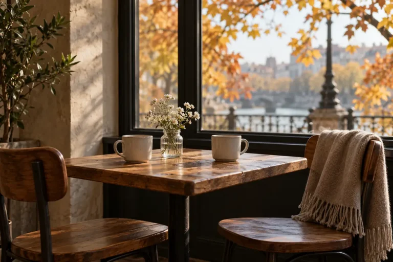 Mesa de café para dos con tazas, flores blancas y una bufanda