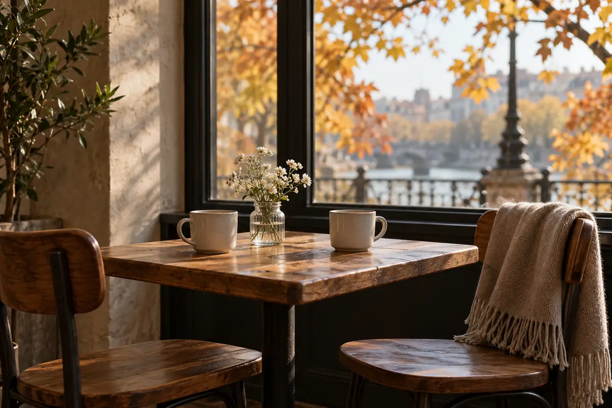 Perfumes para una primera cita: cómo elegir una fragancia cercana 1 Mesa de café para dos con tazas, flores blancas y una bufanda