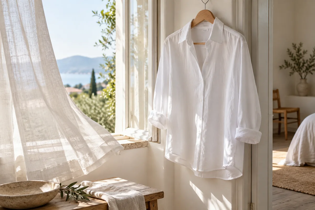 Camisa blanca junto a una ventana con cortina de lino