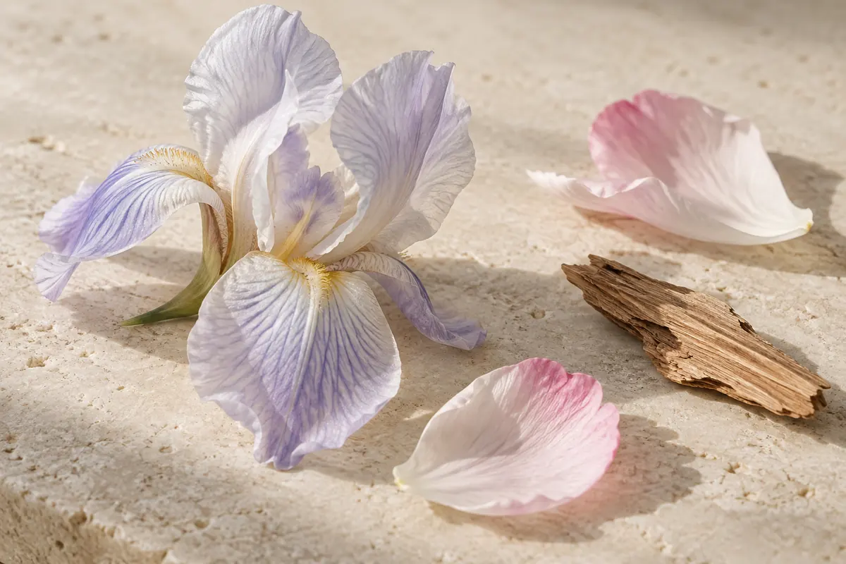 Flor de iris, pétalos rosados y madera sobre piedra clara