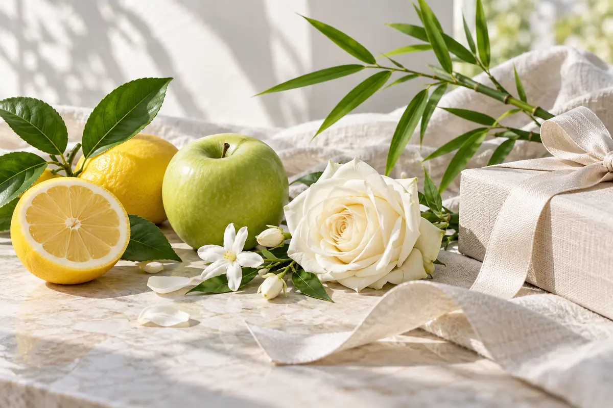 Limón, manzana verde, rosa blanca y jazmín junto a un regalo de lino