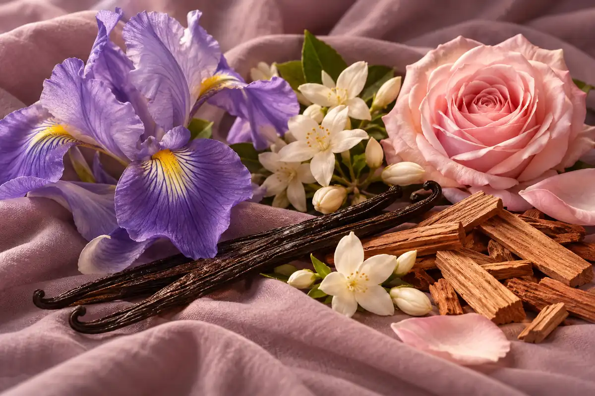 Iris, rosa, jazmín, vainilla y madera sobre tela malva